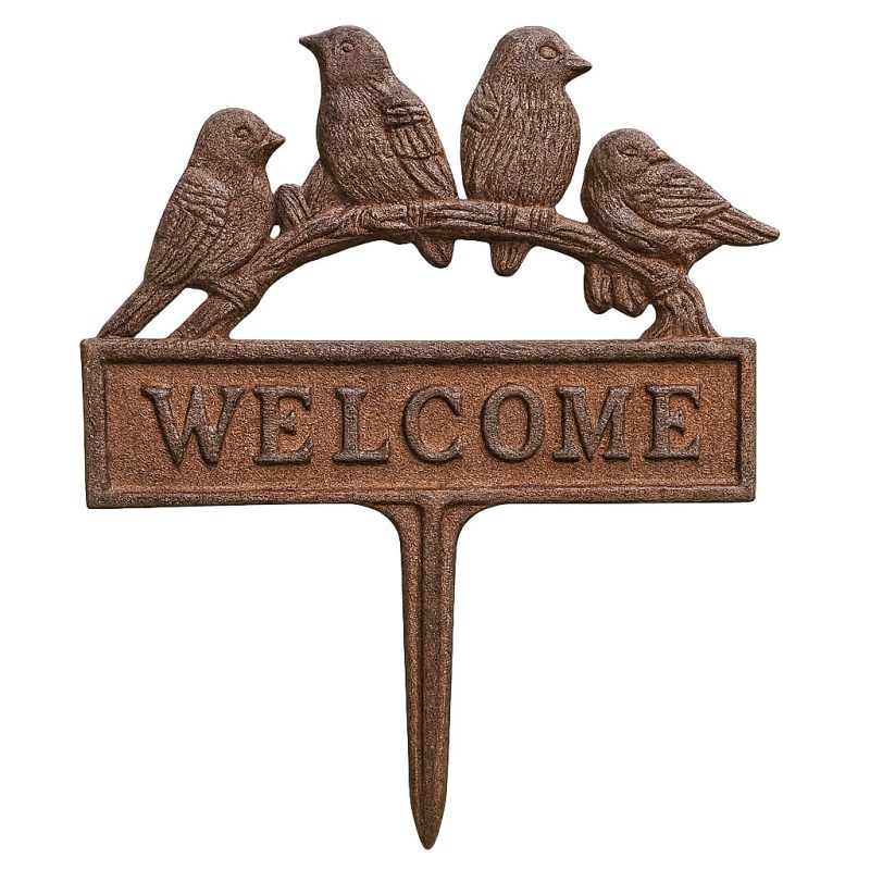 Welcome Sign Birds Lawn Spike Cast Iron Brown Perched Robins Garden Plaque Stake - Image 2