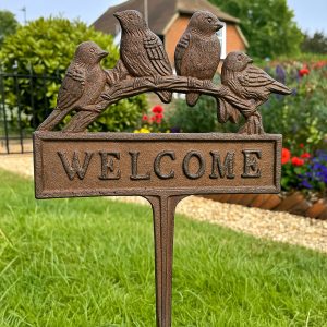 Welcome Sign Birds Lawn Spike Cast Iron Brown Perched Robins Garden Plaque Stake