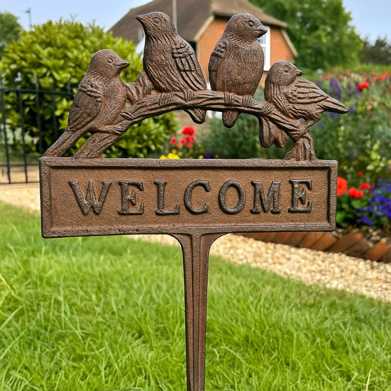 Welcome Sign Birds Lawn Spike Cast Iron Brown Perched Robins Garden Plaque Stake
