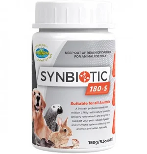Synbiotic 180-S for use in all animals in times of stress, illness, injury, post antibiotic treatment or as a daily supplement to support the immune and digestive systems